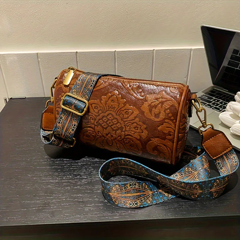 Retro Flower Embossed Cylinder Bag, Classic Textured Zipper Crossbody Purse, With Wide Geometric Pattern Strap Barrel Bag