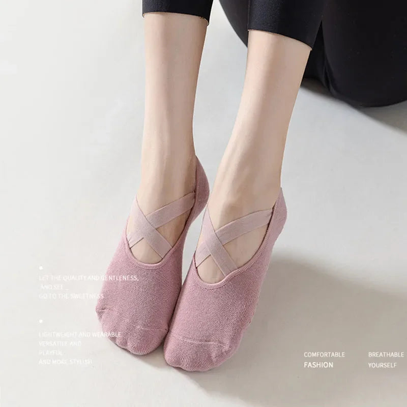 1 pair Professional Yoga Socks,  Cotton Strapping Silicone Anti-Slip Pilates Fitness Dance Floor Socks