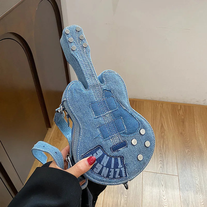 Export New Arrival Denim Guitar Bag, Indie Rock Grunge Shoulder Bag, Niche Fashion Statement, Instagram-Ready Unisex Purse