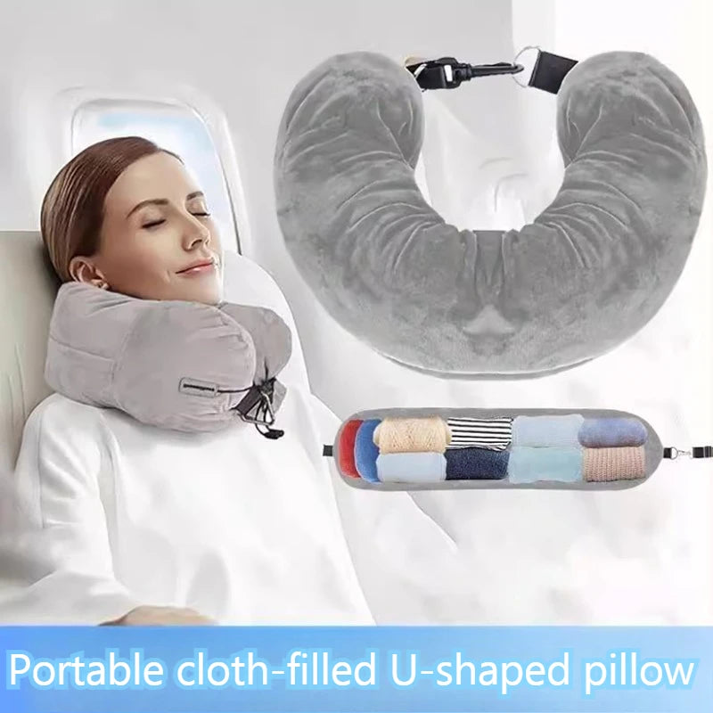 Fillable U-Shaped Travel Neck Pillow with Velvet Cover & Storage Bag - Comfortable for Airplane, Car, Office, Portable Design