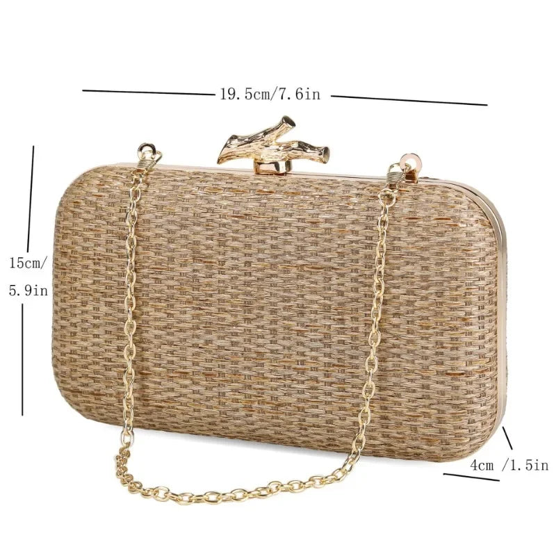 Summer New Outdoor Wedding Seaside Clutch Ladies Handmade Straw Woven Bags Elegant Gold Metal Knot Buckle Party Evening Bags