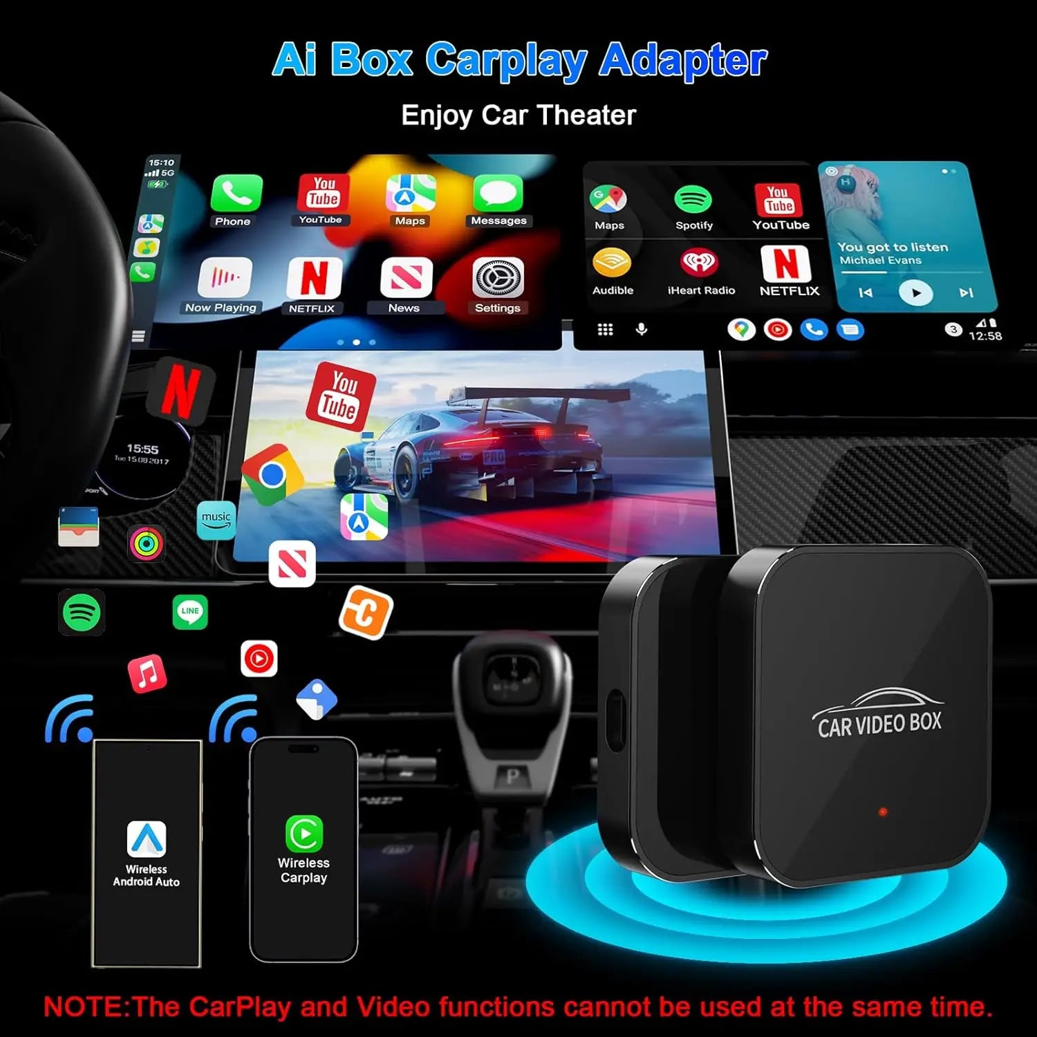 3-in-1 Wireless Carplay Adapter Support Apple CarPlay & Android Auto, Magic Video AI Box for Streaming Netflix YouTube,Upgraded Dual-Band WiFi, Converts Wired to Wireless Car Play for iPhone/Android