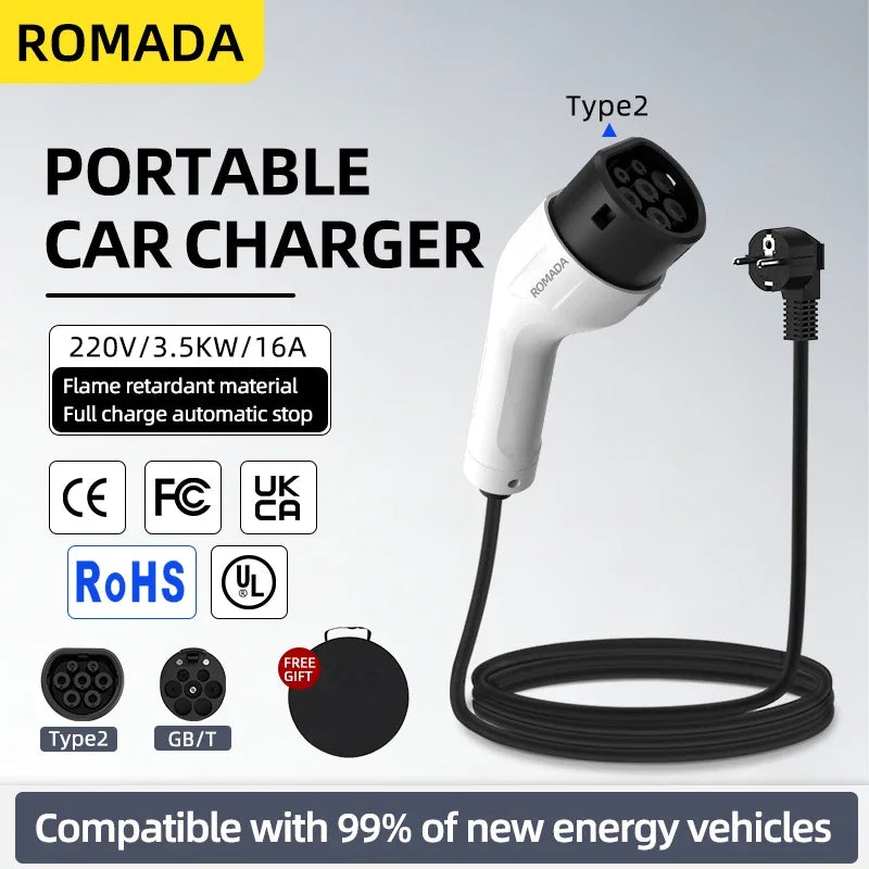 ROMADA Type2 Portable EV Charger 3.5KW 16A, IP66 Waterproof EU Plug EV Charging Station 3M-20M Cable for Home & Outdoor