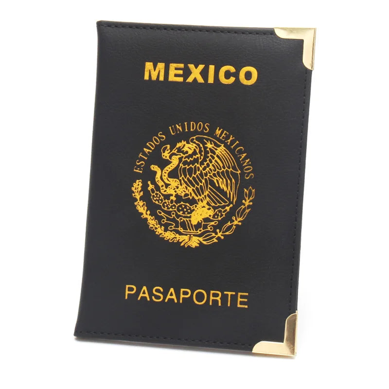 Mexican Passport Holder Golden Metal Copper Corners Passport Organizer Leather Slim Passport Case Plane Ticket Holder ID Holder