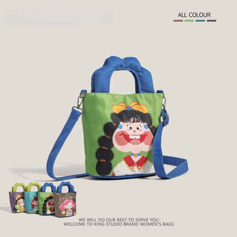 2026 New Trendy Illustration Design Canvas Bucket Bag for Women Cute Funny Ugly Cute Shoulder Crossbody Handbag