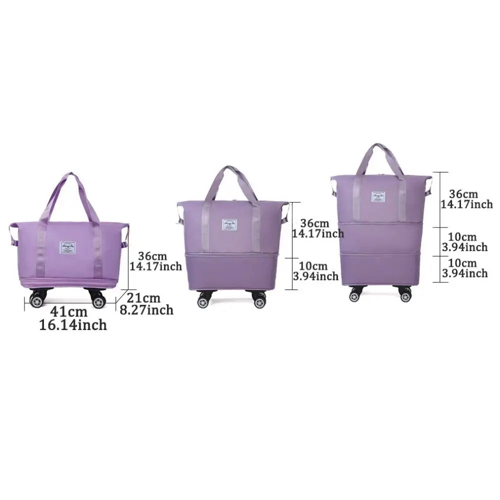 Oxford Cloth Gym Bag with Wheels Sport Dry-Wet Separation Collapsible Travel Tote Bag Expandable Large Capacity