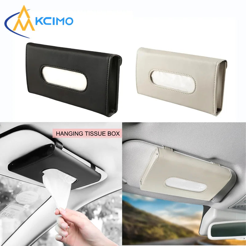 PU Leather Car Sun Visor Tissue Box Holder with Hook-and-Loop Fastener, Auto Interior Storage Bag for Masks and Tissues,