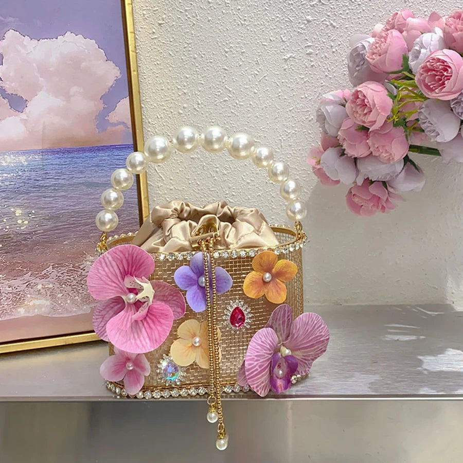 Beaded Handle Clutch Purse for Women Flower Crossbody Bag Birdcage Diamond Handbag Evening Bag Wedding Party Banquet Bucket Bags