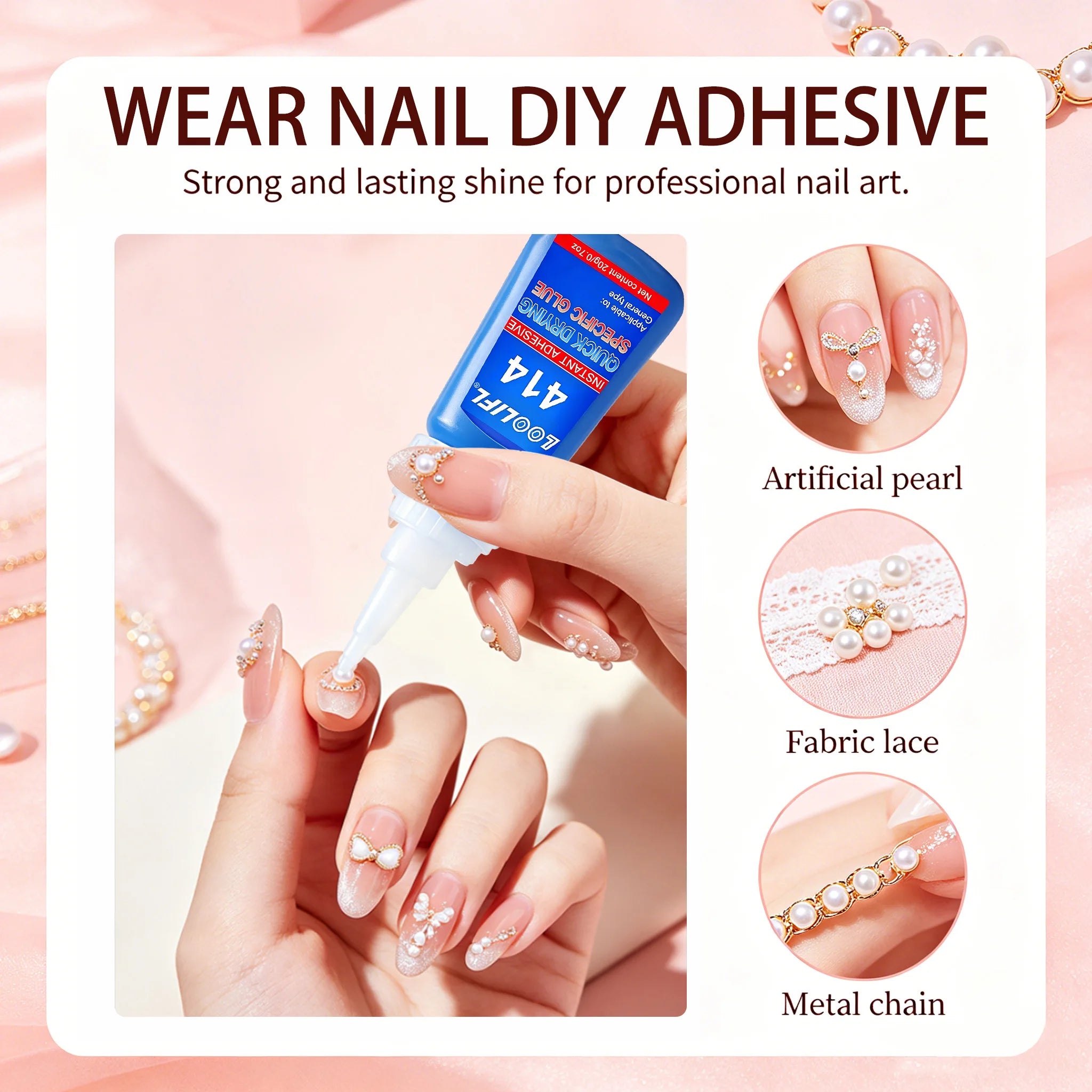 Strong Nail Art Adhesive Glue for Press on Nails False Tips Rhinestone Pearl Metal Chain Decoration, Quick Dry DIY Manicure Glue
