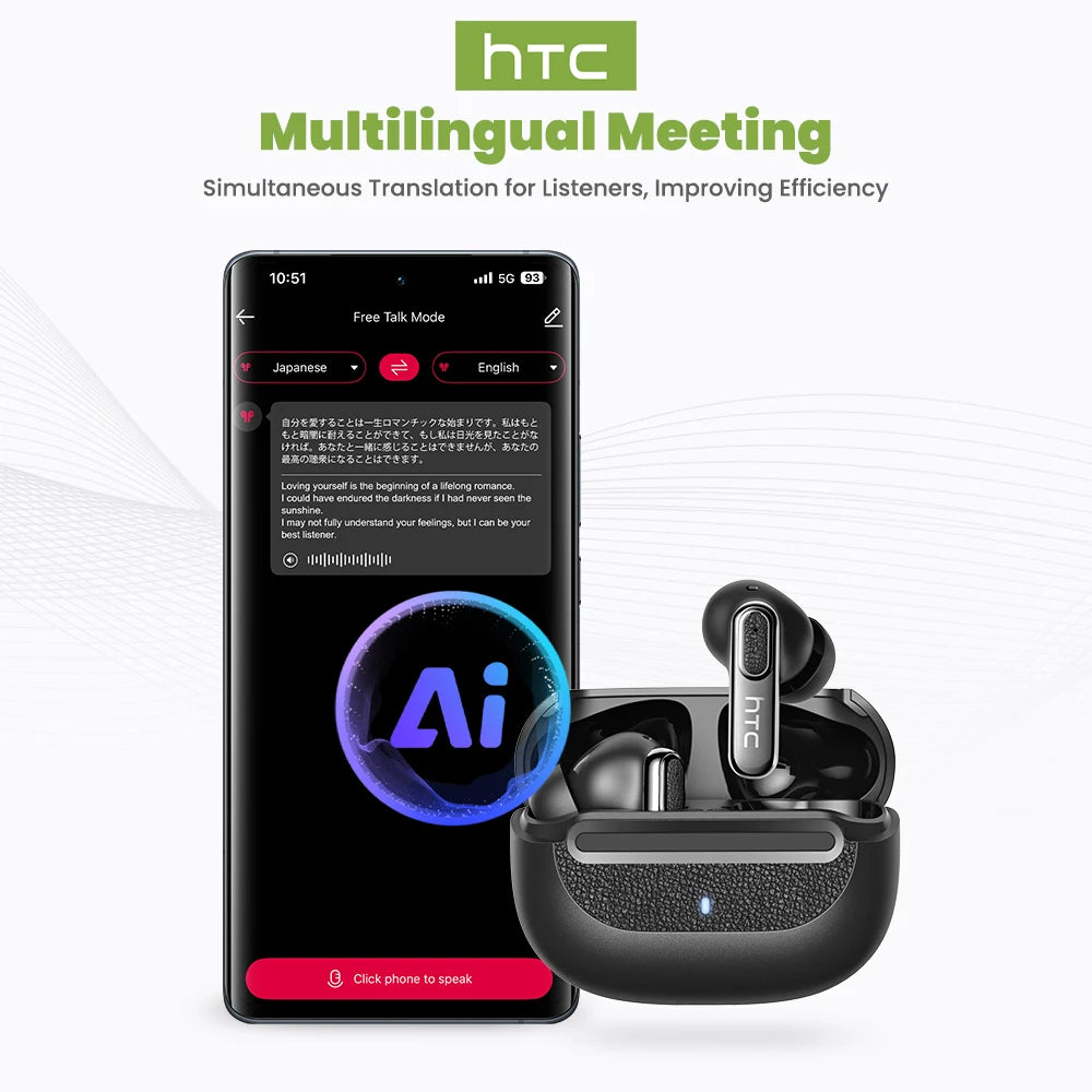 Bluetooth Headset AI Translation Real-time 134 Languages In-Ear Comfort Surround Sound for Travel Work HTC NE60 TWS Earbuds
