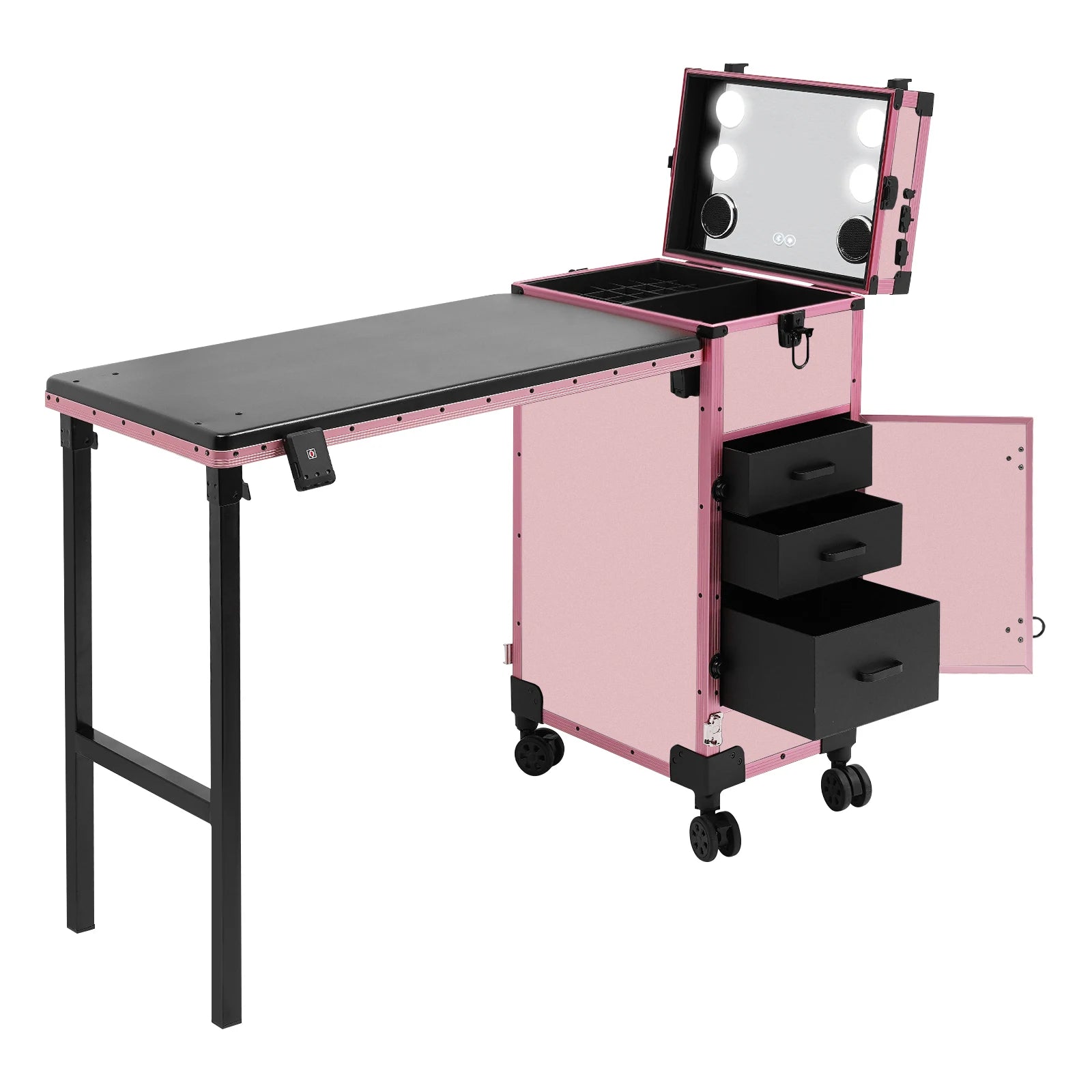 3-Tier Foldable Makeup Trolley with Lockable Drawers and Combination Lock, Mobile Beauty Case with Fold-out Table for On-Site Makeup