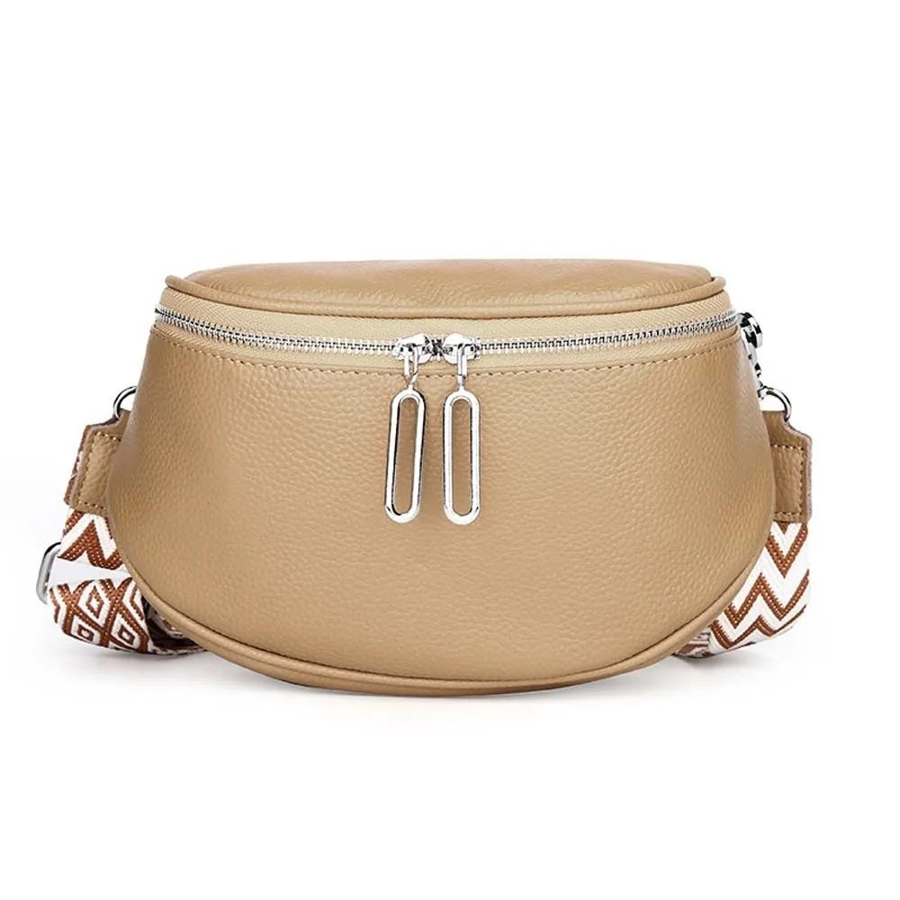 Bum Bag Leather Crossbody Bag Cowhide Texture Double Zippers Saddle Bag Jacquard Strap Solid Color Chest Pack Outdoor Travel