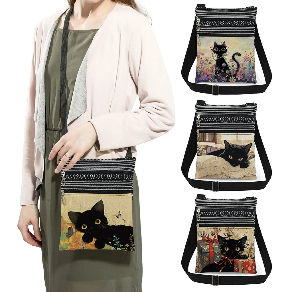 Cute Cartoon Black Cat Print Crossbody Bags Shoulder Bags For Women Daily Travel Portable Small Messenger Bags Catkeeper Gift