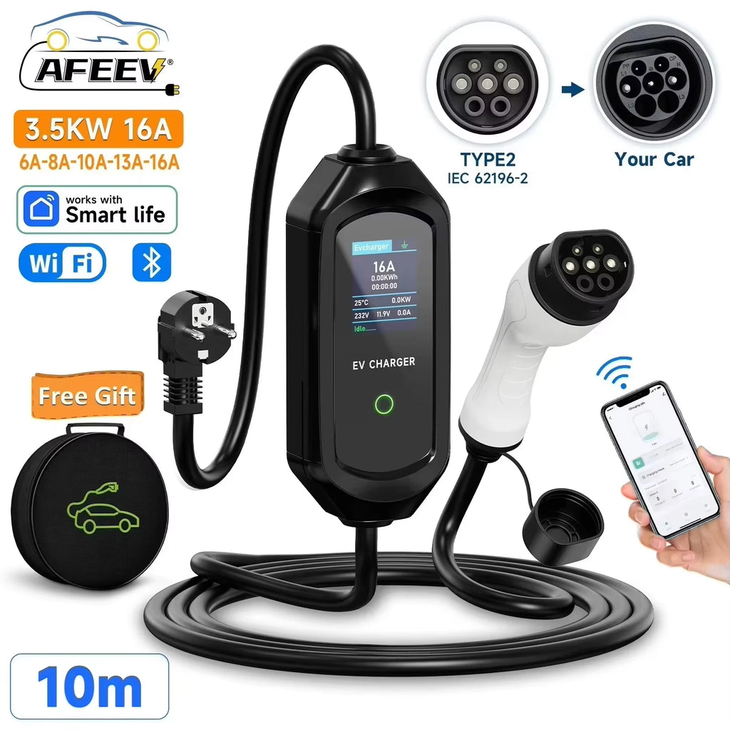 AFEEV Portable EV Charger Type2 IEC62196-2 EVSE Fast Charging Cable Type1 SAE J1772 Wallbox WiFi APP Bluetooth Wireless Control