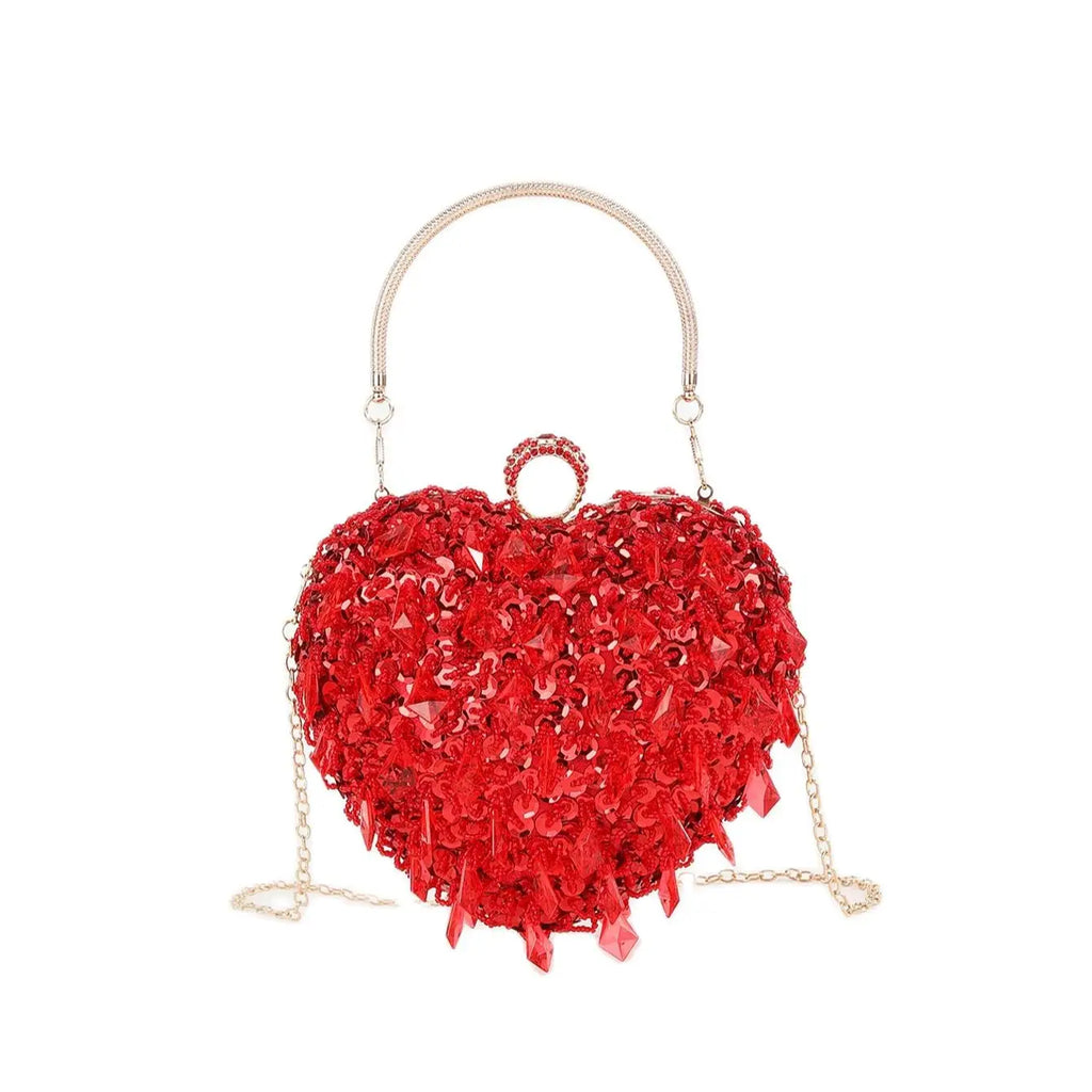 mini Hand-beaded sequin hand crossbody evening bag with red heart shape knucklebox bag for party，wedding and dinner