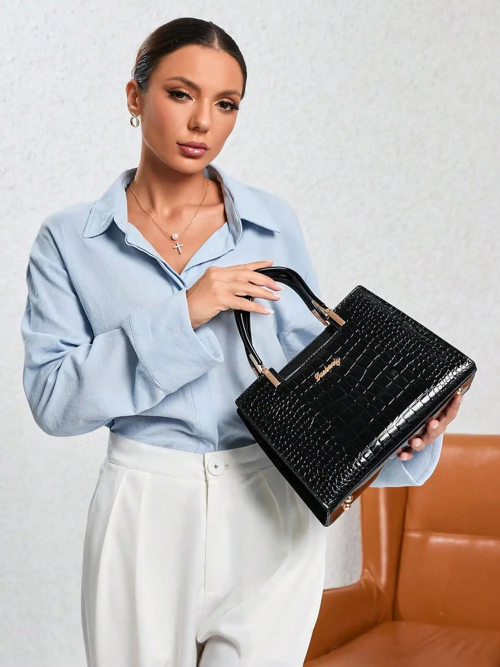 Elegant Crocodile Pattern Shiny Leather Crossbody & Top Handle Handbags, Luxury Business Casual Women Bags, Fashion Office Shoulder Bag, Creative Moth