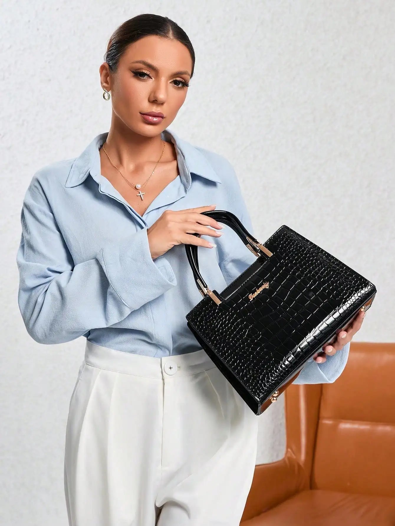 Elegant Crocodile Pattern Shiny Leather Crossbody & Top Handle Handbags, Luxury Business Casual Women Bags, Fashion Office Shoulder Bag, Creative Moth