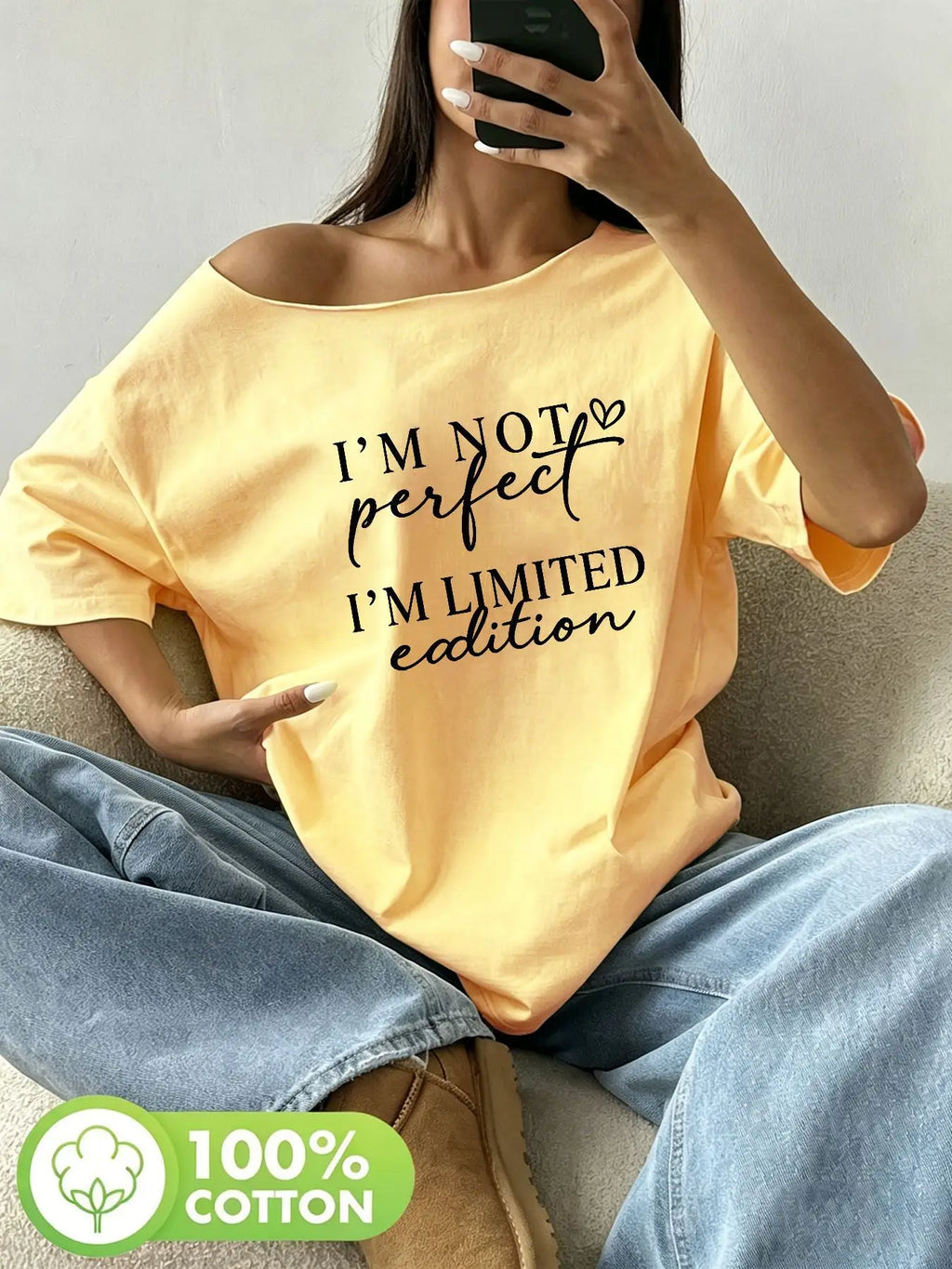 Plus Size I'm Not Perfect Limited Flawed Graphic Tee Oversized Y2K Style Graphic Tees Women Tops Summer Off The Shoulder Top