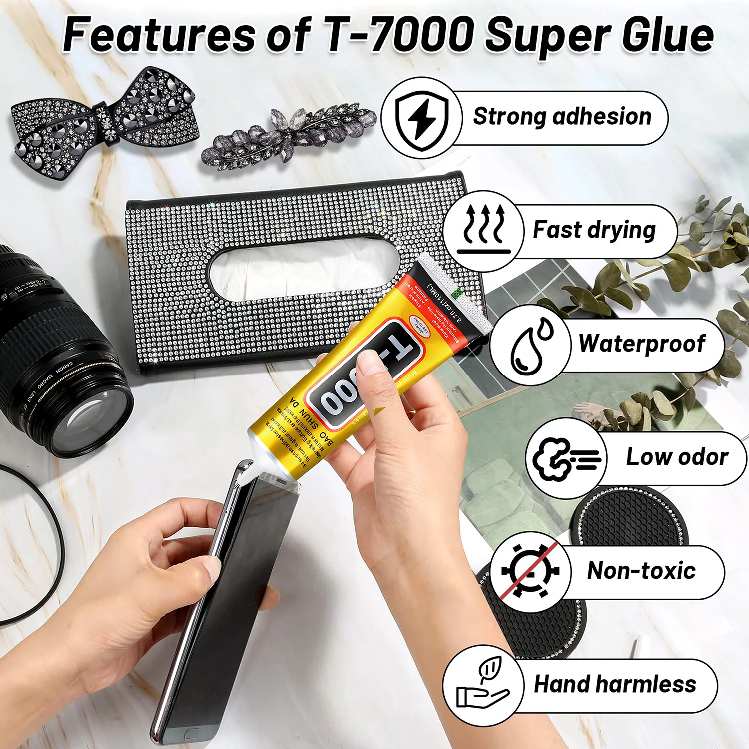 T7000 Black Soft Adhesive T-7000 Computer Touch Screen and mobile phones Touch Screen Repair Frame Anti-Vibrant Universal Glue Tablet Repair Sticker 15/25/50/110 ml, includes precision syringe.