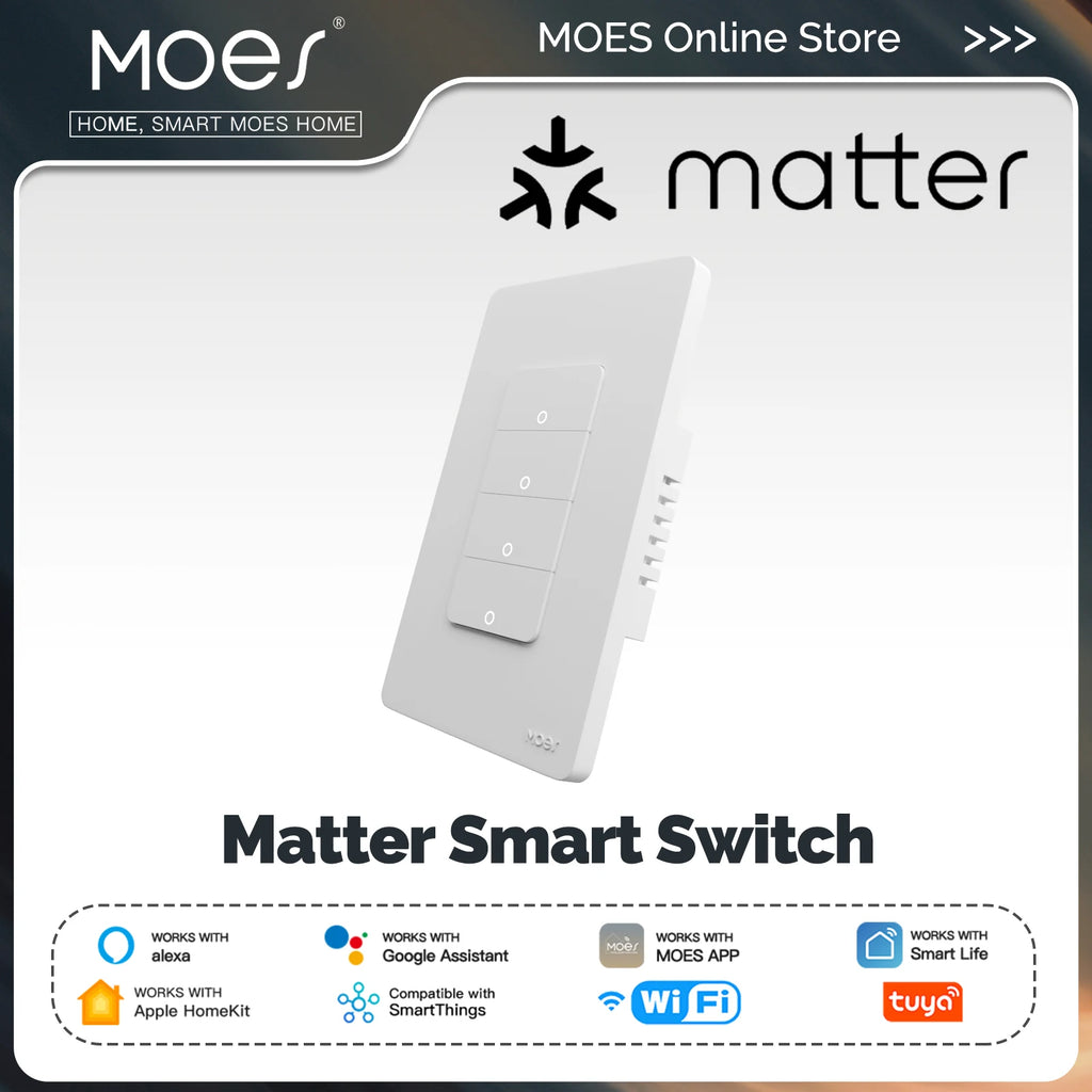MOES Tuya Matter WiFi Smart Light Button Switch App Control Neutral Wire Required Grounding Design Alexa Google Home Apple Home