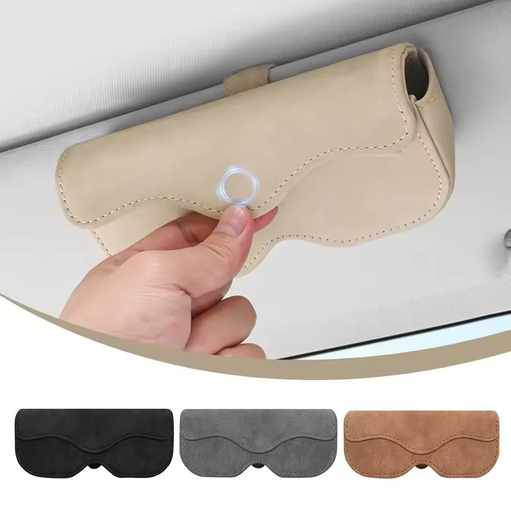 Suede Leather Car Eyeglass Case Automatic Closing Non-slip Auto Sun Visor Glasses Holder Magnetic Multi-functional Eyewear Clips