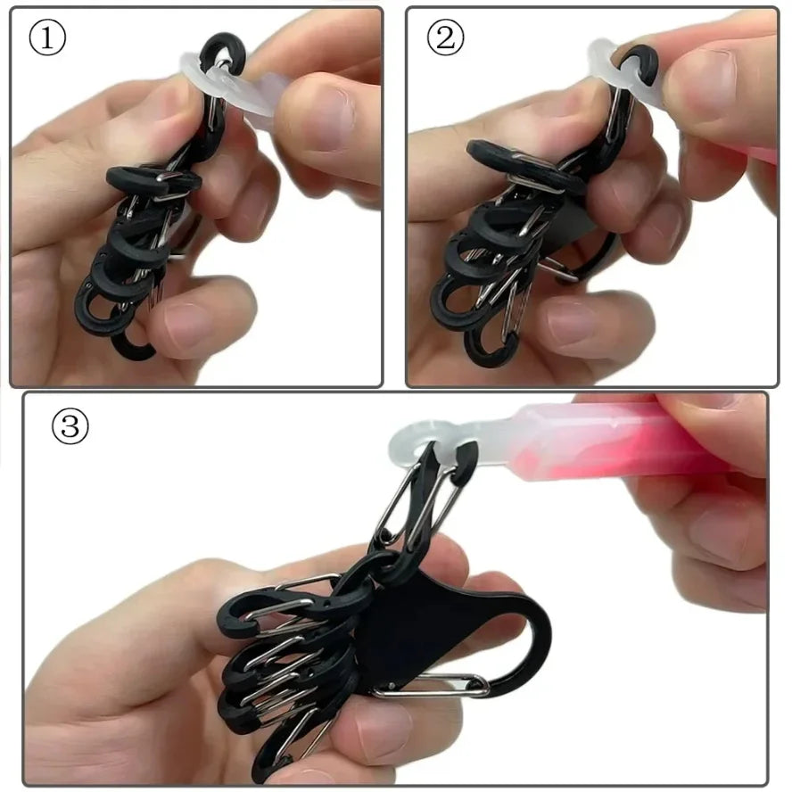 7in 1 Tactical Aluminum Alloy Chem Light Holders Carabiner Clip 6 S-Biners Glow Sticks Key Storage Buckle for Outdoor Camping