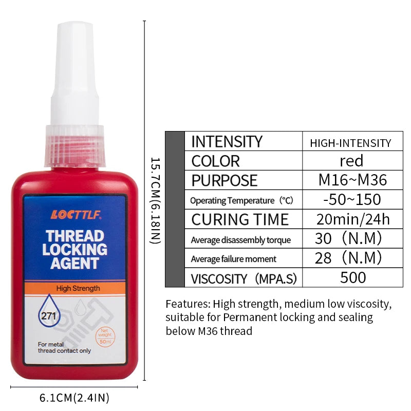 50ml Threadlocker 271Red High-Strength Thread Locker 243 Nuts-Bolts Locker Screw  Lock Tight Seal Fasteners Anaerobic Adhesive