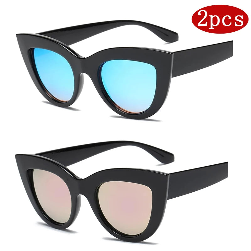 Hiking 2pcs Fashion Cat Eye Anti Light Glasses Woman Vintage Large Frame Gradient Design Glasses for Female UV400 Eyewear