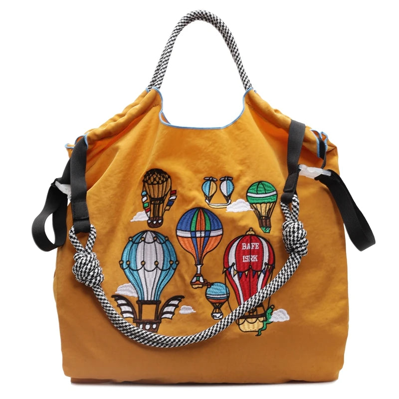 Fashion Embroidered Hot Air Balloon Pattern Large Capacity Lady Canvas Bag New Drawstring Shopping Handbag Thin Style Canvas Bag