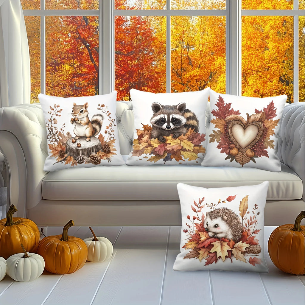 4pcs Pillow Covers, Featuring Squirrel, Hedgehog, Raccoon and Autumn Decor, Polyester Blend, Rustic Style for Home and Outdoor