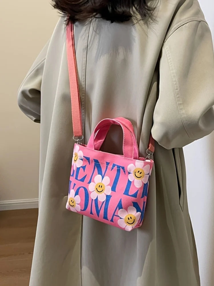 Mini Cute Canvas Crossbody Bag, Kawaii Cartoon Print Tote Shoulder Bag, Women's Fashion Handbags And Purses
