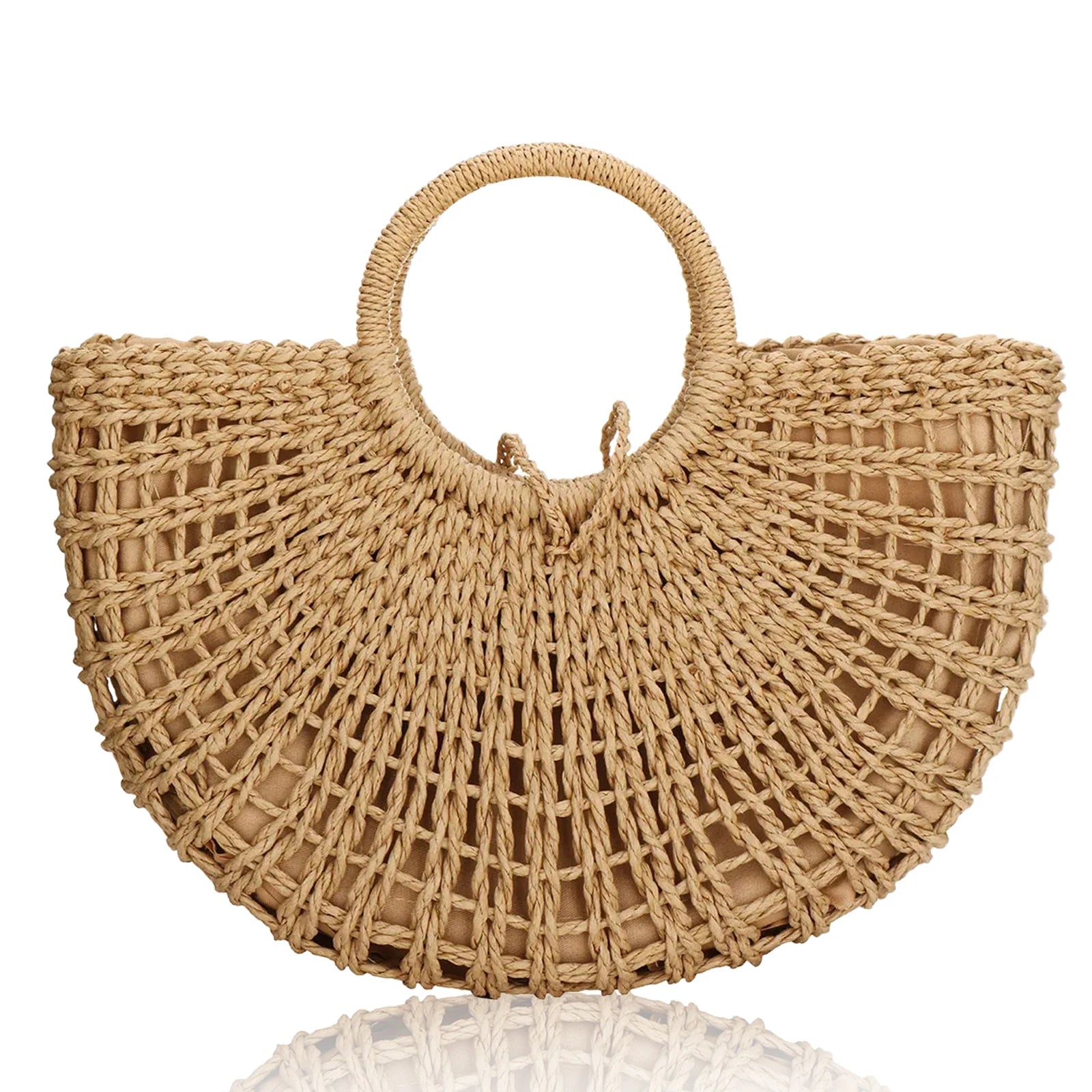 Large Capacity Summer Handmade Straw Weave Bags For Women Half-Round Rattan Woven Beach Bag Ladies Beach Wrapped Handbags Totes