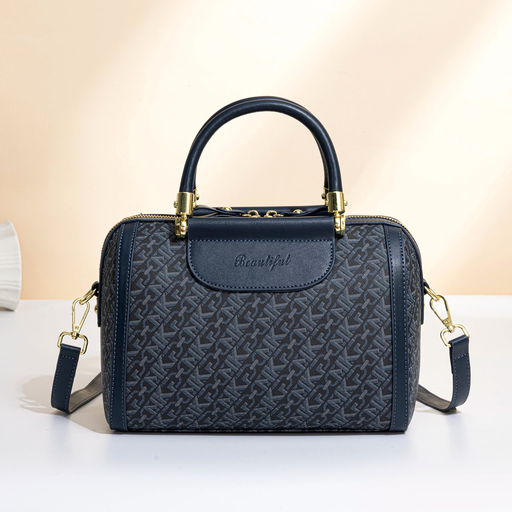 Vintage Floral Lock Boston Handbag for Women, Cylindrical Shaped Pillow Bag, Front Zipper Pocket, Detachable Adjustable Leather Crossbody Strap, Multi-Compartment Daily Commuter Shoulder Bag