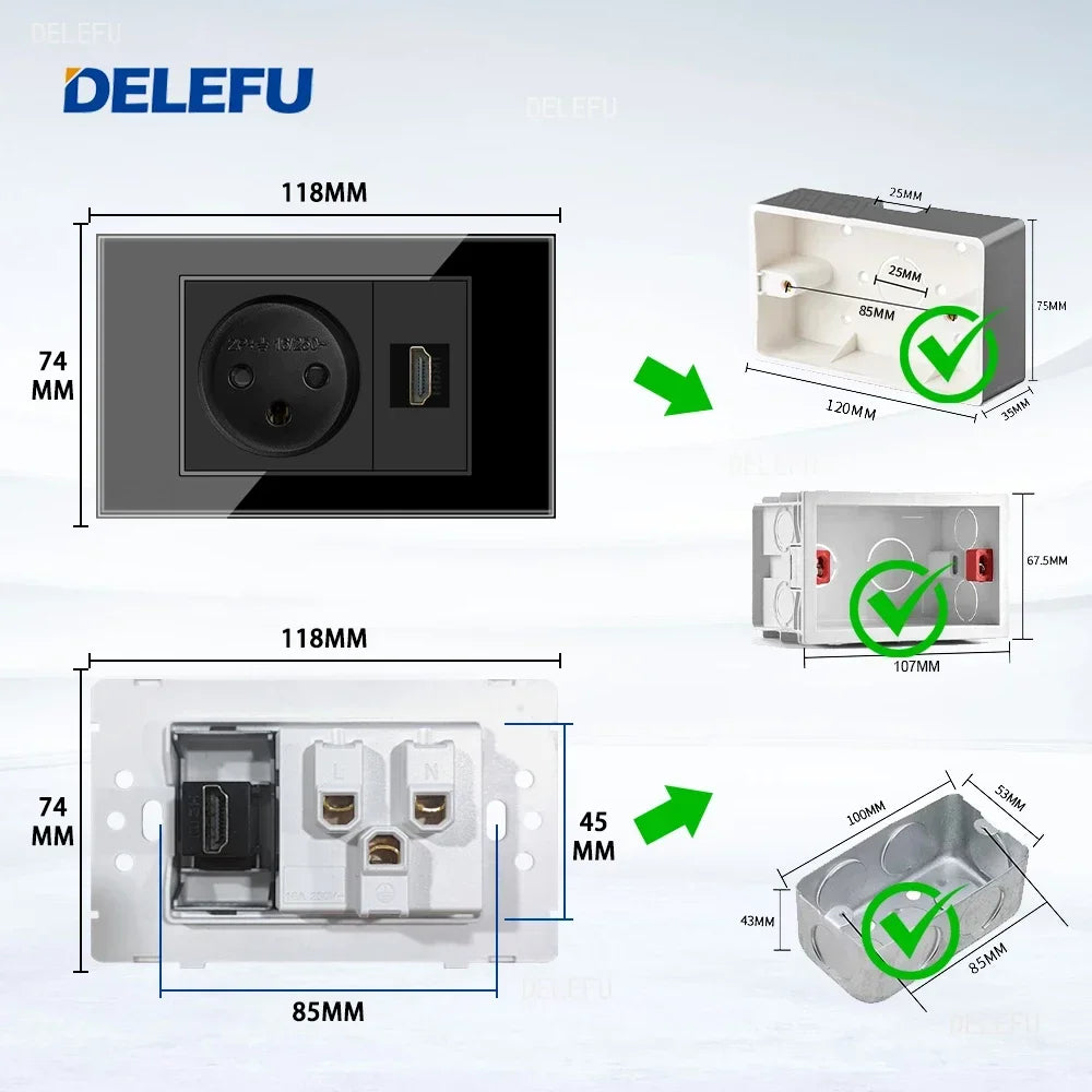 DELEFU Black Tempered Glass Israel USB Type C Fast Charging Wall Socket Light Tuya Wifi Smart Switch Sat TV Tel Doorbell Curtain