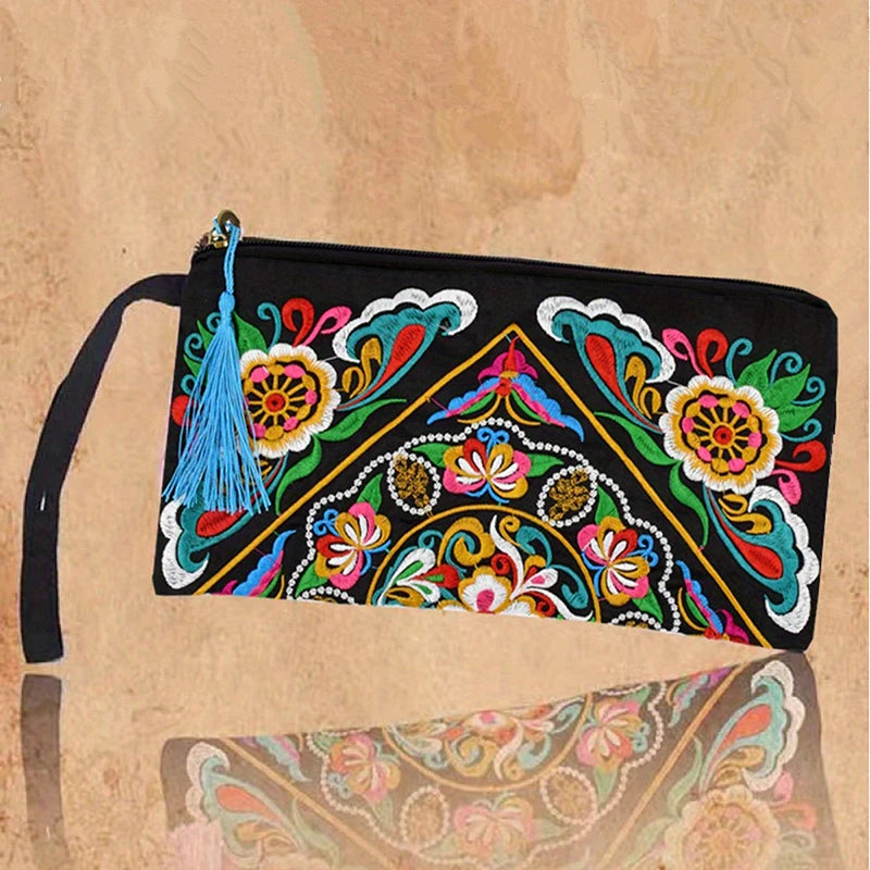 Embroidered long-style handbag, retro large-capacity clutch bag, women's evening bag, mobile phone organizer Wallet