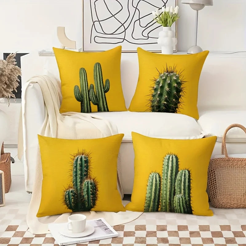 4-Piece 2D Printed Pillowcase Set – Cactus Pattern on Yellow Background