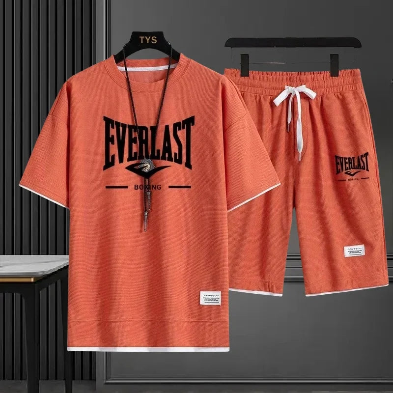 EVERLAST New Summer Men's Daily Casual Breathable Comfortable Loose Sports Set Fashion Brand Men's Waffle Top+Shorts 2-piece Set