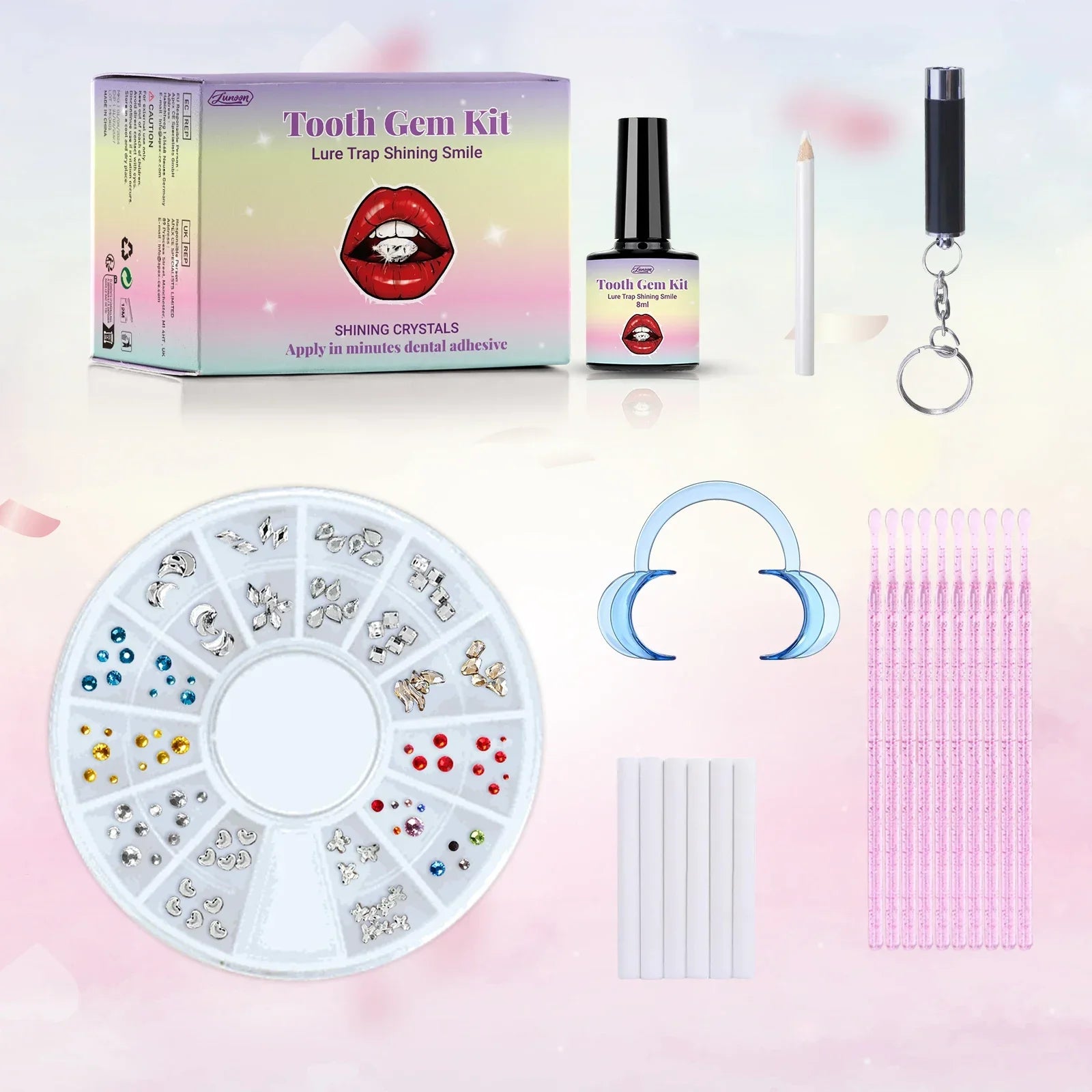 Strong-Adhesive & Removable Tooth Gem Set - With Dental Glue for Secure DIY Crystal Decoration, Unisex Smile Customization.