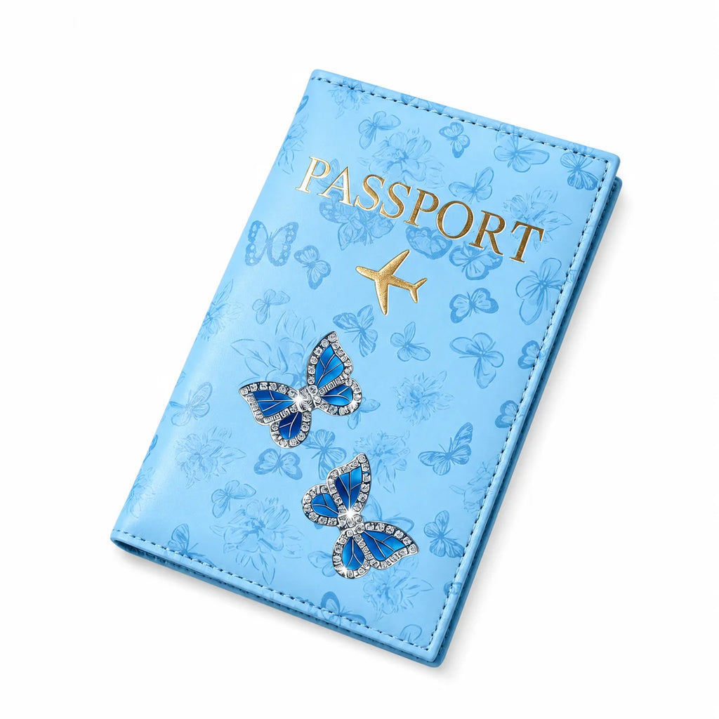 Pink Butterfly PU Leather Passport Holder, Rhinestone Travel Wallet Cover with Card Slots for Women, Airport Vacation Gift