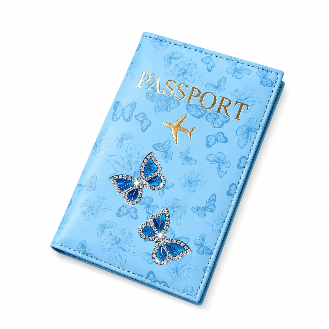 Pink Butterfly PU Leather Passport Holder, Rhinestone Travel Wallet Cover with Card Slots for Women, Airport Vacation Gift
