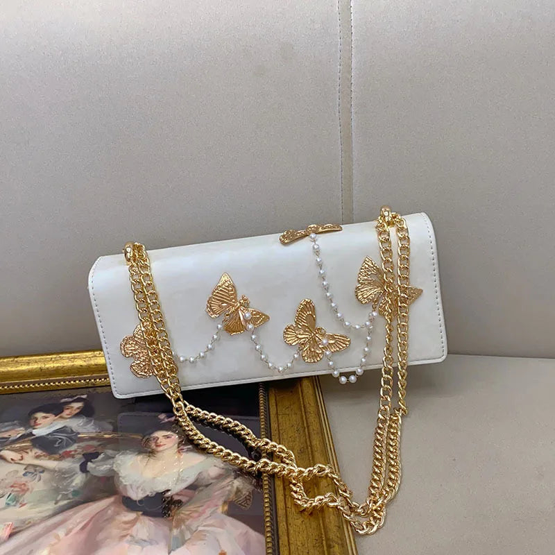 High Quality Textured PU Square Bag Metal Butterfly Pearl Beading Lady Purse Women's Handbag Fashion Shoulder Messenger Bag