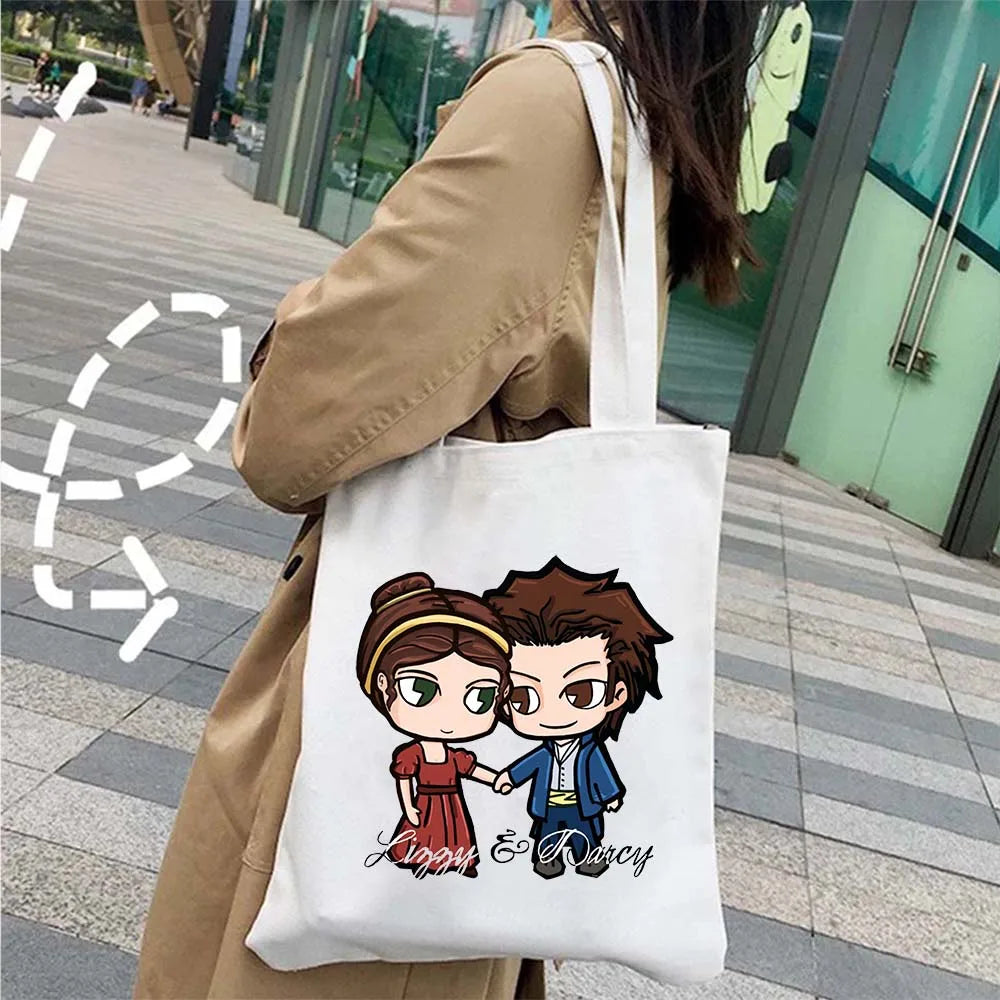 More Pride Less Prejudice Jane Austen Pride Prejudice Elizabeth Darcy Book Bennet Cartoon Shopper Canvas Tote Bag Cotton Handbag