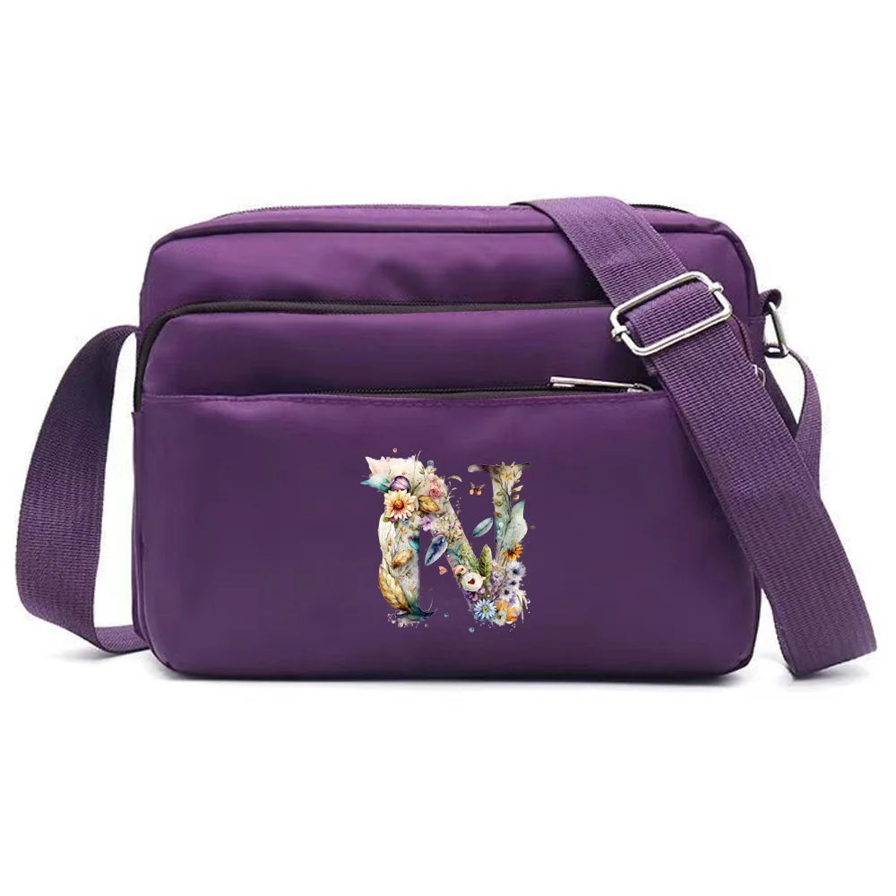 Leisure Purple One Shoulder Crossbody Bag Portable Commuting Large Capacity Floral Letter Series Printing Pattern Storage Bag