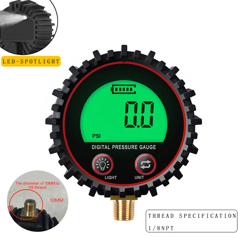 255PSI Digital Gas Pressure Gauge with M11 1/4 1/8NPT Screw Thread Connector Rubber Protector For Car Truck Motorcycle