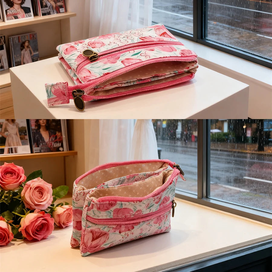 Fresh country-style floral double-printed 4-layer cotton fabric zero wallet for girls - coin bag, keys, ID card bag, card holder