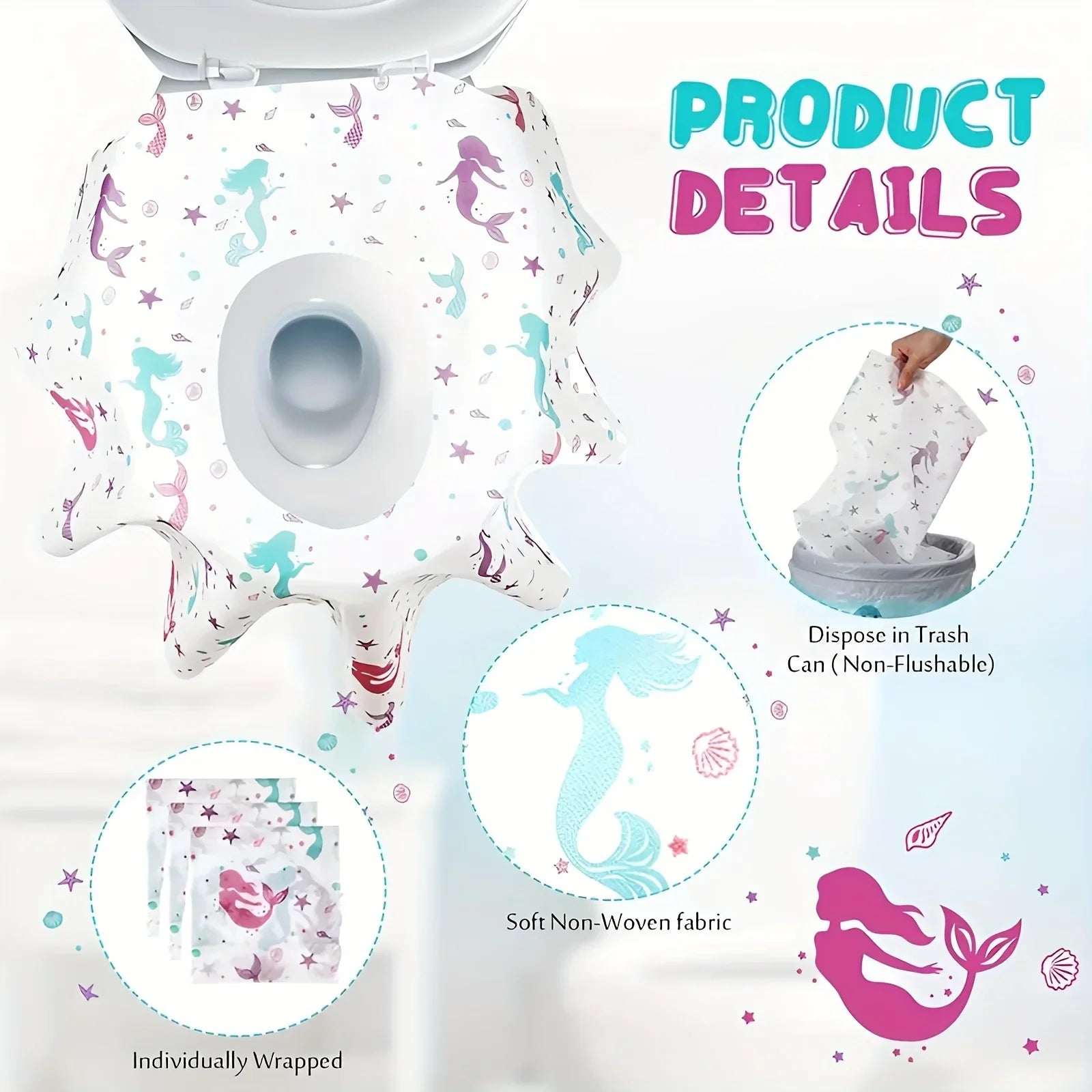 12pcs Extra Large Mermaid Toilet Seat Covers - 25"x25" Disposable, Individually Wrapped for Public Restrooms & Potty Training