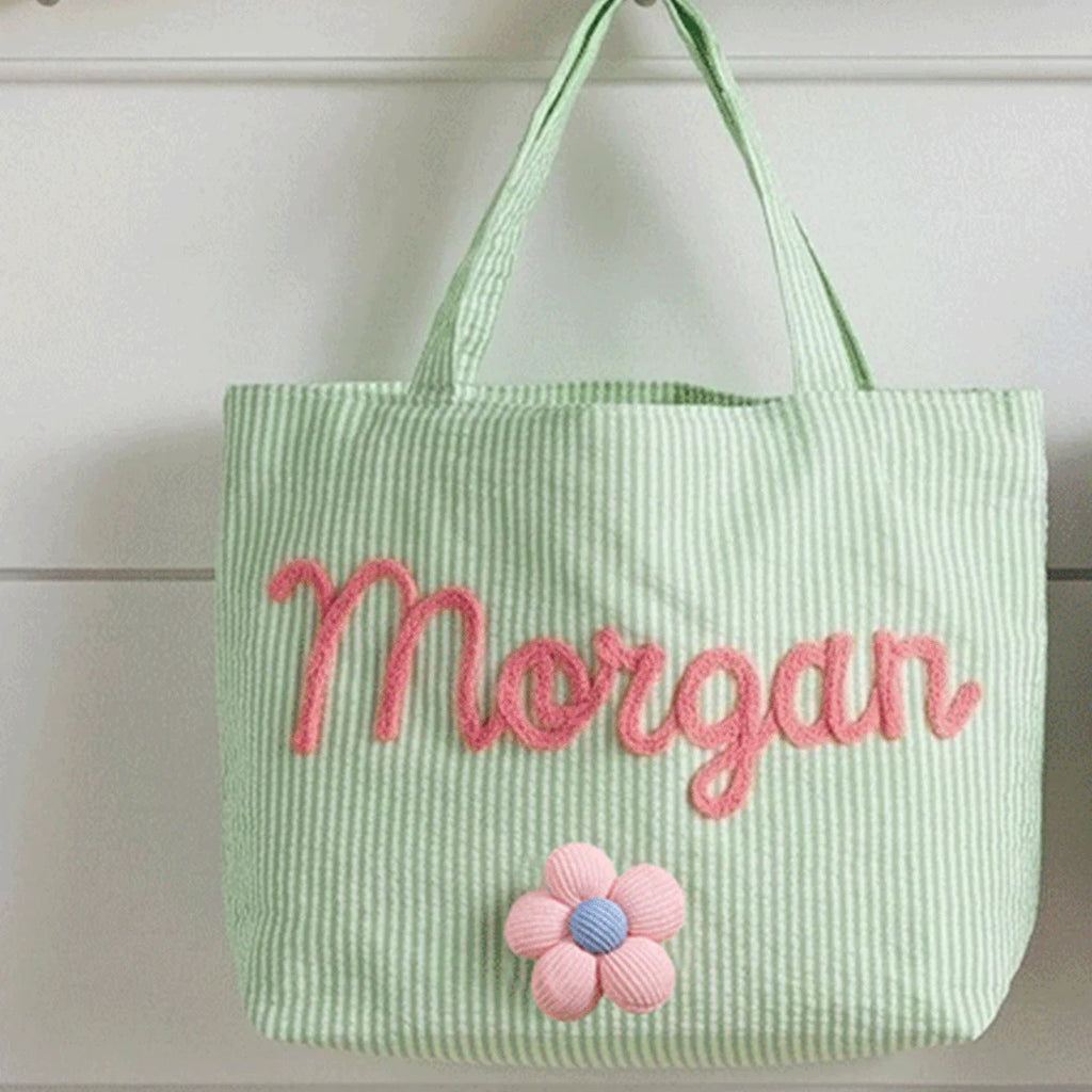 Custom Seersucker Cosmetic Handbag and Travel Organizer — Personalized Chenille Letter Toiletry Bag and Summer Beach Tote