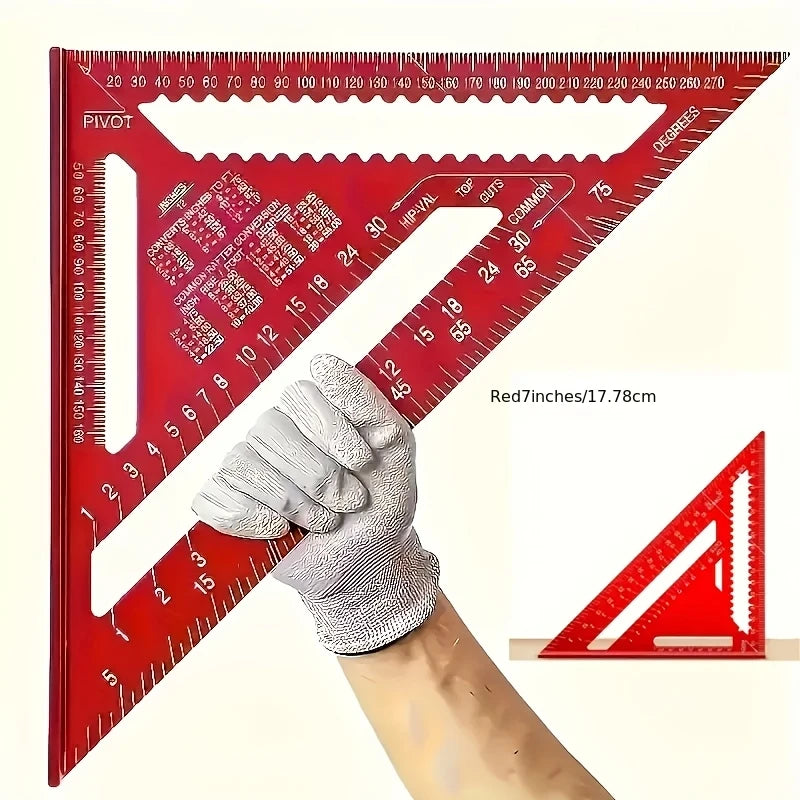 Red Aluminum Alloy Speed Square - High Precision Woodworking Triangle Ruler with Serrated Edge, 45/90 Degree Angle Measuring Too