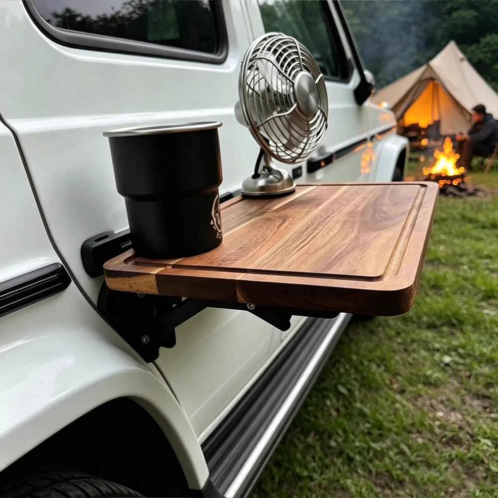 1PC Car Side Folding Wooden Table Outdoor Camping Vehicle Door Mount Tray Auto Cup Holder Storage Rack SUV Travel Accessory