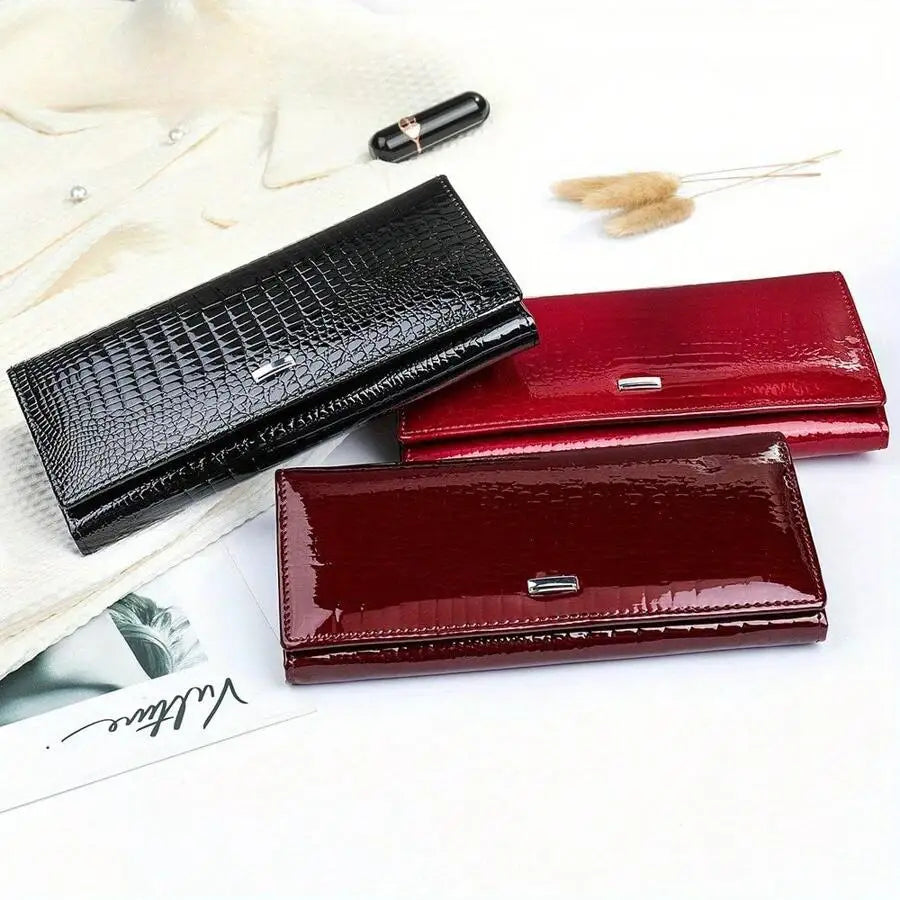 New Shiny Leather Cowhide Wallet Women's Long Leather Money Clip Bag, Evening Bag